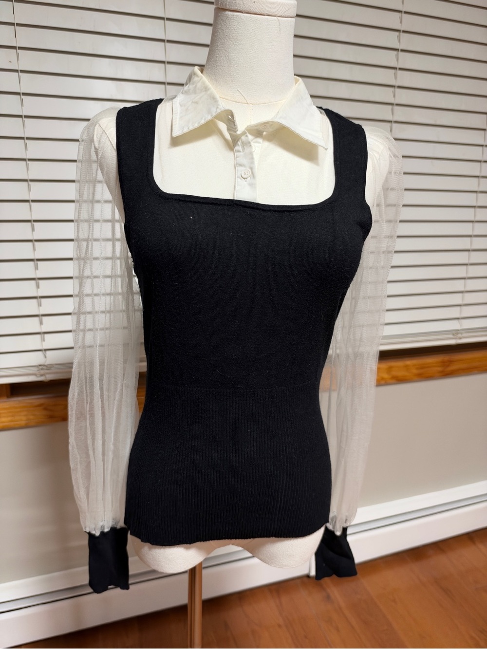 New York & Company Chic Black Knit Shell Top with Ivory Sheer Sleeve Blouse